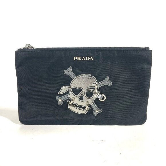 PRADA 2M1214 Makeup pouch Cosmetics Pouch Skull Clutch bag Pouch Nylon Black - Picture 1 of 13